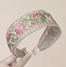 Vintage Retro Green And Pink Embroidered Lace Fabric Hair Band Headband