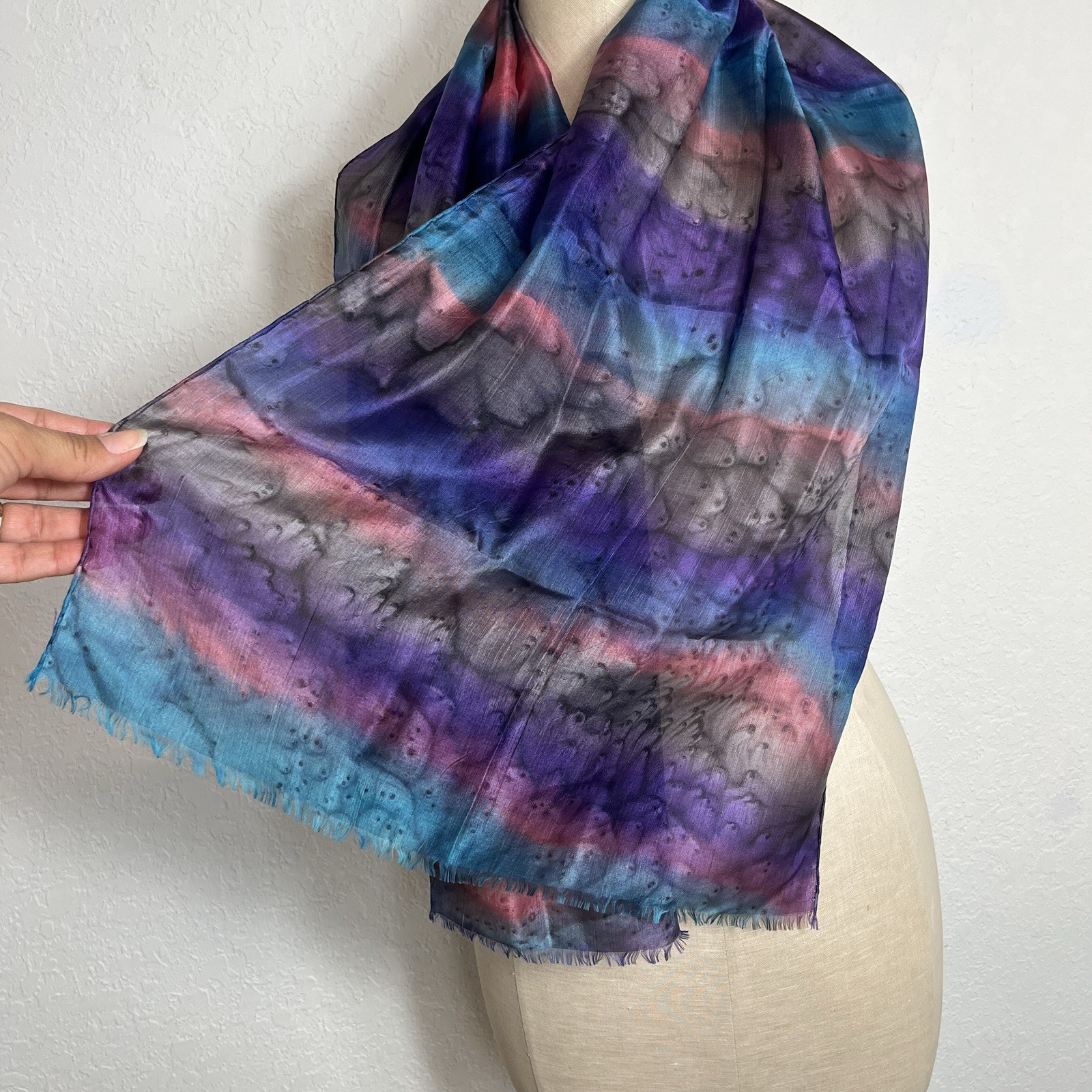 Multicolor Watercolor Rectangular Scarf with frin… - image 4