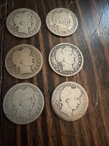 Barber Quarters Lot Of 6 Coins ~ Full Readable Dates - 90% Silver