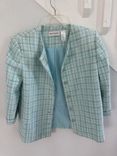 Alfred Dunner Turquoise Plaid Tweed Blazer Jacket 3/4 Sleeve Collarless Size 10