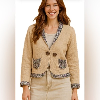 FBC Studio Organic Cotton Boho Chic Jacket   Beige Floral Trim, Eco Chic Top