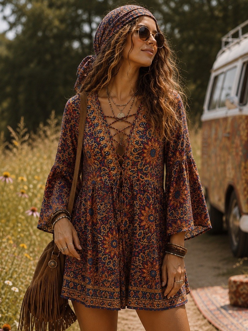 Angie Blossom Boho Mini Dress Bell Sleeve Floral Print Lace Up Bohemian Sunburst