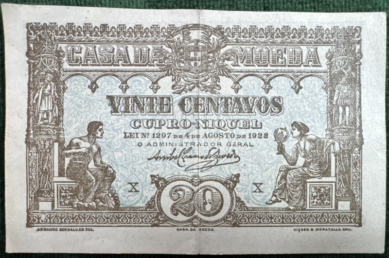 1922 Portugal 20 Centavos Extra Fine Plus P-100 | Free Shipping