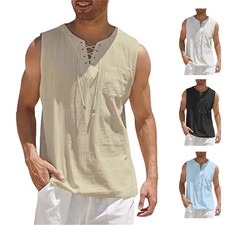 Men's Sleeveless Shirt Tank Top Lace Up Cotton Casual Plain Summer Vest 5 COLORS