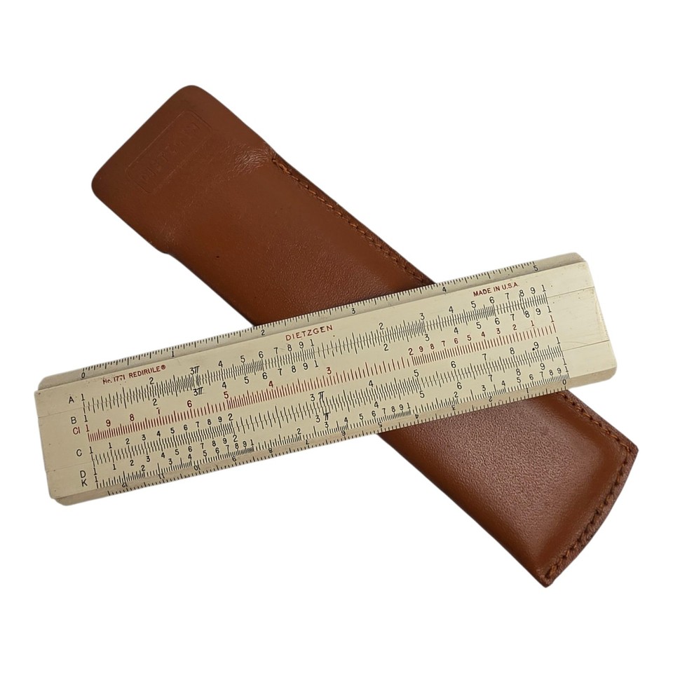 A compact 5-inch Dietzgen pocket slide rule in its original leather sheath — perfectly sized for display or gifting and genuinely Made in USA.