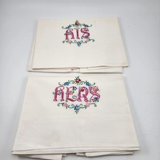 Vintage Hand Embroidered Pillowcases His Hers Pair Floral 21x31 Muslin