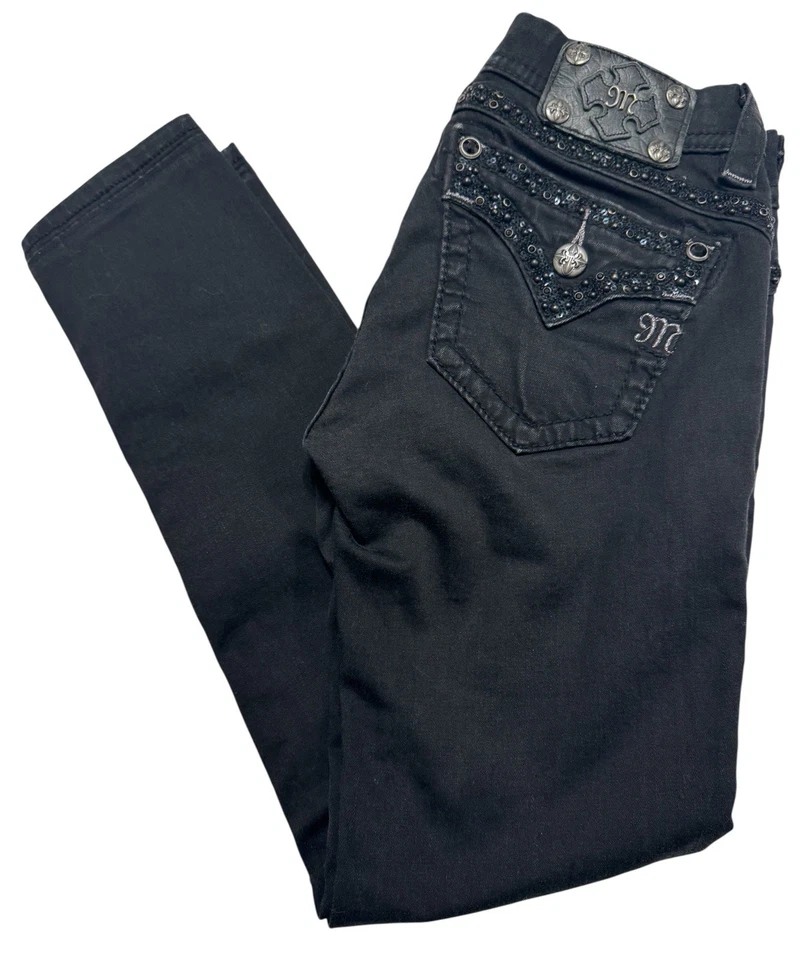 Jean Miss Me Negro Firma Ajustado Adornado Estrás Tachuelas Rocker Lentejuelas 26 Foto 2 de 4