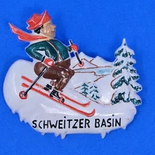 Vtg Ski Schweitzer Basin Pin Brooch RARE OLD GERMAN PLASTIC man Beer Gut Skiing
