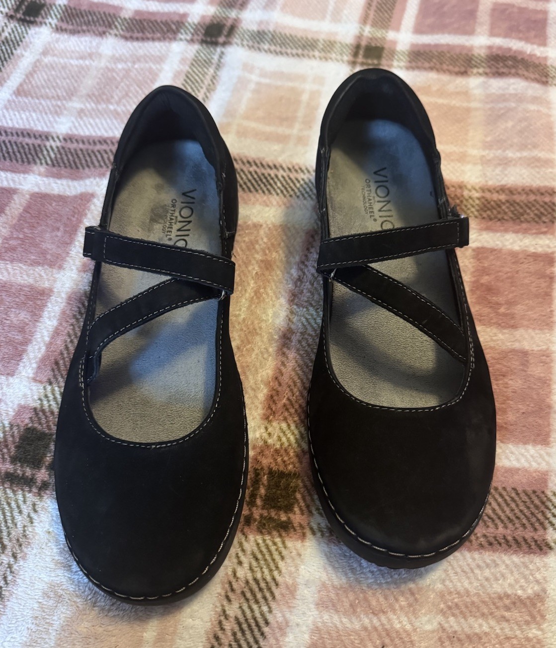 Vionic JUDITH Black Suede Mary Jane Orthaheel Technology Hook Loop Shoes Sz 8