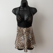 Victorias Secret VTG sz M Leopard Satin Lace Babydoll Lingerie Set Soft Girl