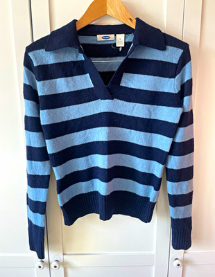 Old Navy Damen Strickpullover M Blau gestreift lambswool V-Ausschnitt Langarm
