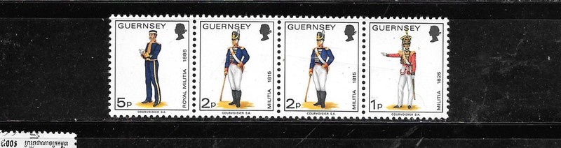 GUERNSEY SC#102Ab STRIP OF 4 MNH XF OLD 1974 MILITARY DEFINITIVE PICTORIAL SET