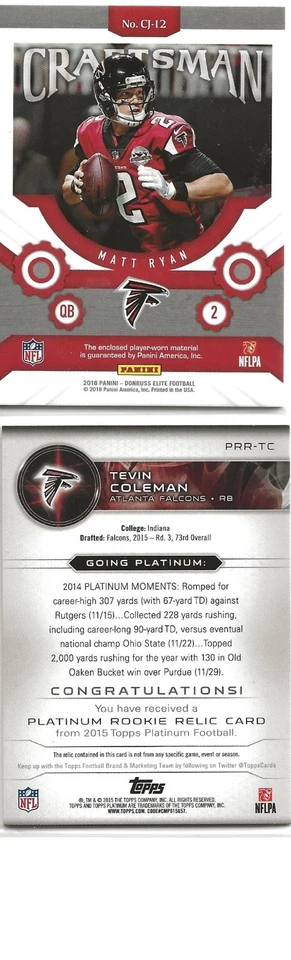 2018 Elite Matt Ryan Craftsman Jersey + 2015 Platinum Tevin Coleman RC Jersey - Image 2 of 2