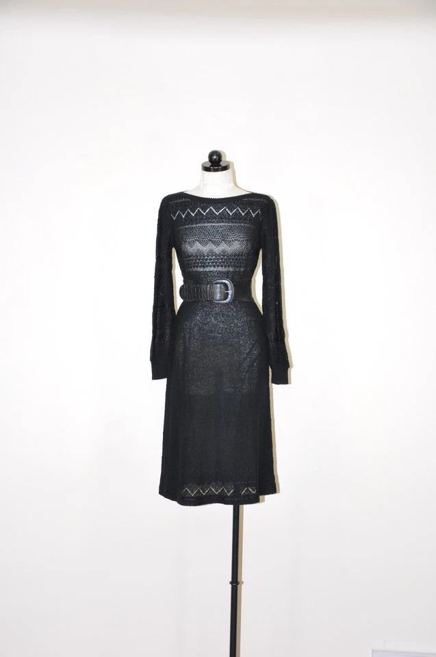 Vestido midi tejido manga abullonada de ganchillo transparente negro vintage años 70 para mujer M Foto 4 de 4