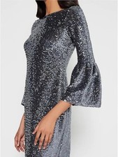 NWT Nicole Miller NY Deep Gun Metal Silve Sequin Bell Ruffle Sleeve Velvet ( 6 )