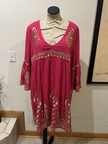 Soft Surroundings, Pink, Long Sleeve Dress With Gold Embroidery Size XL