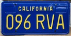 1977 California License Plate Pair # 096 RVA — photo 2