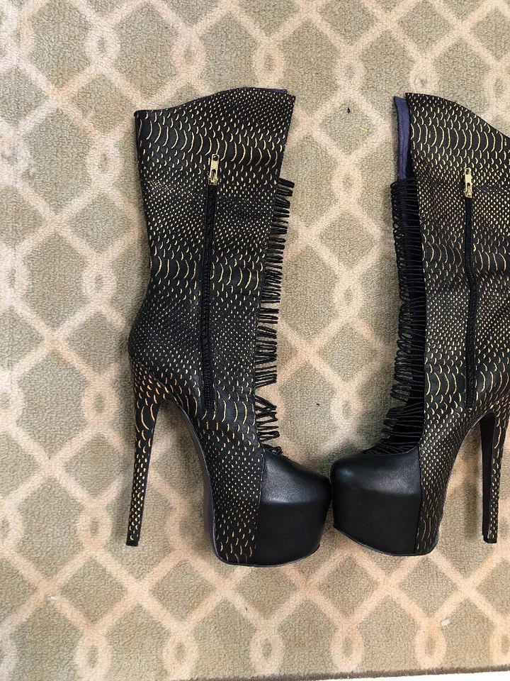 London Trash Crucify Wedge Strappy High Heel  Leather Boots 8 Gold Snake Black - Image 2 of 4