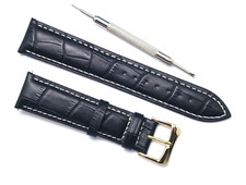 20mm Black Croco Embossed Leather Replacement Watch Strap Gold Buckle With Tool