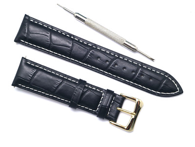20mm Black Croco Embossed Leather Replacement Watch Strap Gold Buckle With Tool