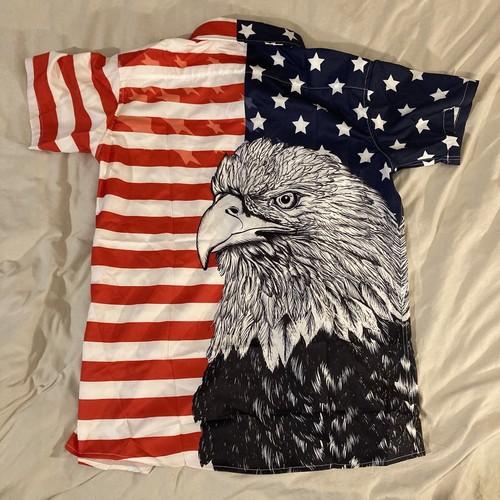 USA American Bald Eagle & Flag MEDIUM Shirt Collar Button Up Short Sleeves - Picture 12 of 15