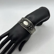 Silver Tone White Stone Cuff Bracelet Jewelry Boho Hippie MCM Jewelry Engraved