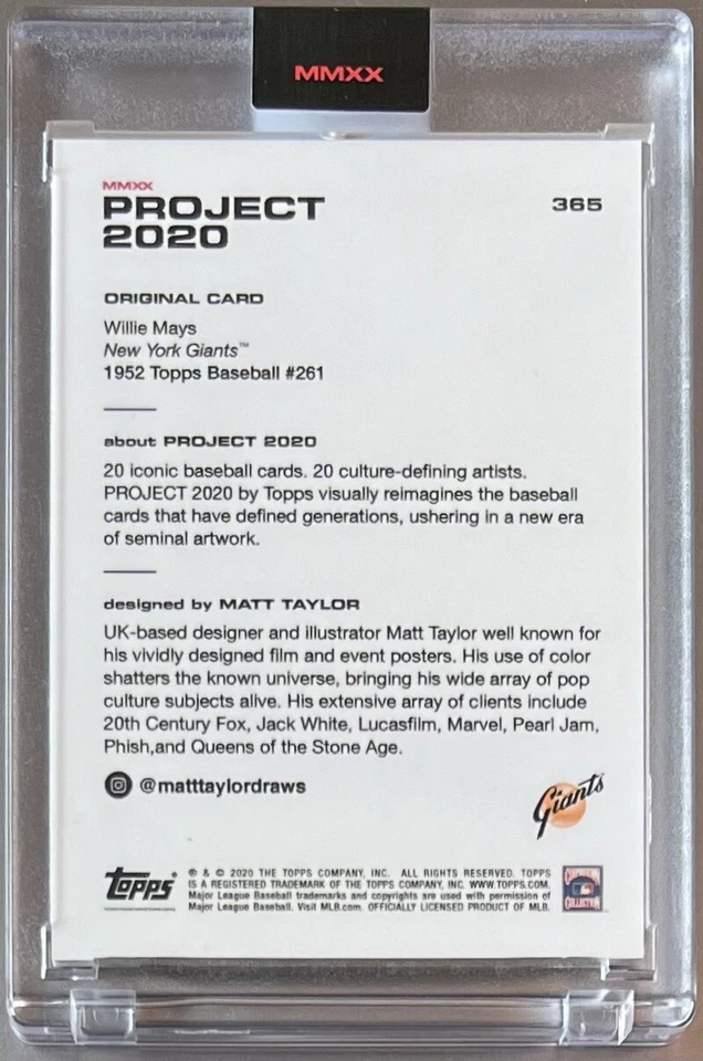 TOPPS PROJECT 2020 #365 WILLIE MAYS HOF by MATT TAYLOR 1952 GIANTS FREE SHIPPING - Image 2 of 3