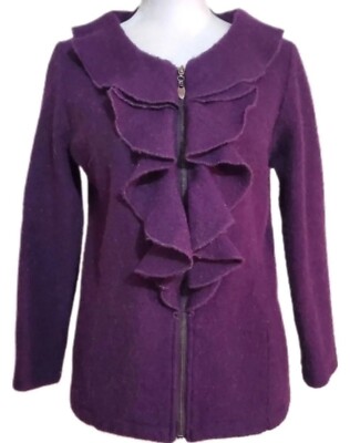 Elena Solano plum 100% boiled wool ruffle zip closure blazer Cardigan jacket PS
