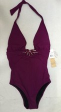 GOTTEX one piece halter swimsuit berry HALF MOON pearls medallion 10 NWT