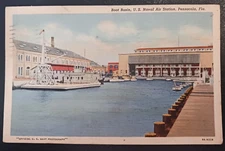 vtg postcard Boat Basin, US Naval Air Station, Pensacola FL linen 1942 posted