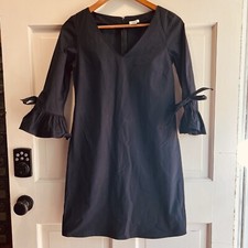 J Crew Dress Womens 0 Black Poplin 3/4 Tie Bell Sleeve V Neck Shift Zip closure