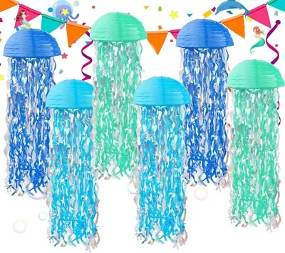 CORPOWER Blue Hanging Jelly Fish Gradient Colorful Paper Lanterns for Mermaid Theme Party