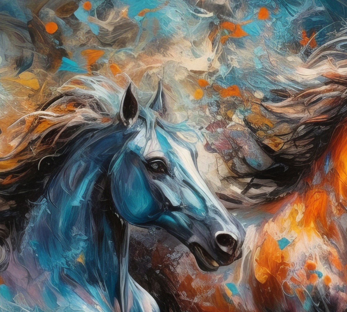 Galloping Freedom: Dark Cyan and Orange Oil Painting Print of