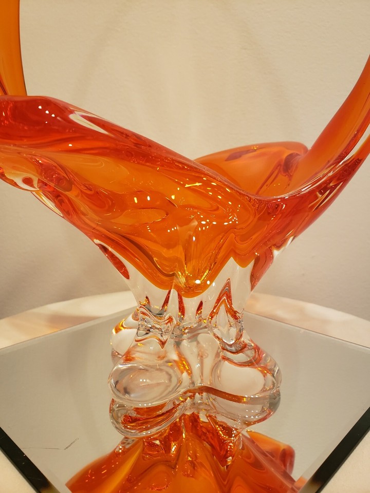 Vintage Etched Chalet Tangerine Orange Art Glass Cross Tipped Basket