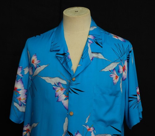 Vtg 70's PARADISE FOUND Sky Blue Silky Rayon Aloha Hawaiian Men's Shirt L - Picture 3 of 10