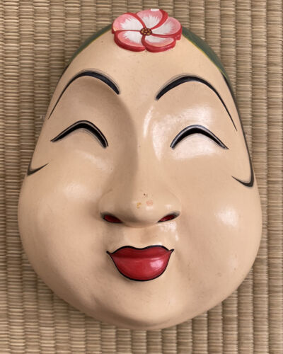 Vintage Wooden Noh Kagura Mask Hand Carved Hanging Wall Art