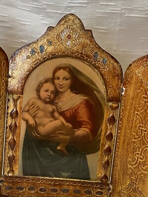 Vtg Florentine Icon Gold Gilt Wooden Triptych Italy Madonna