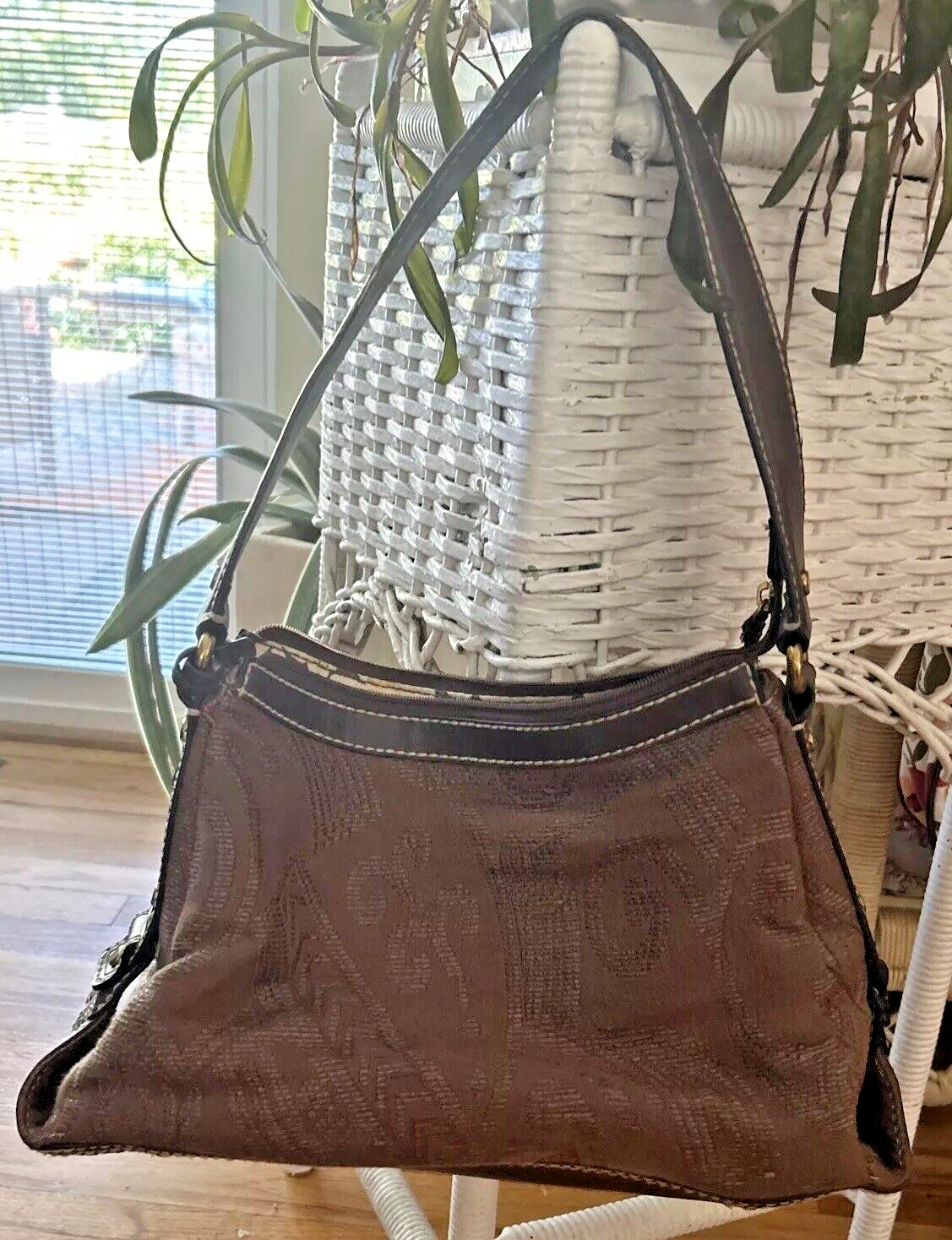 Fossil Modern Vintage Weave leather brown Handbag Tote shoulder Bag purse w/key