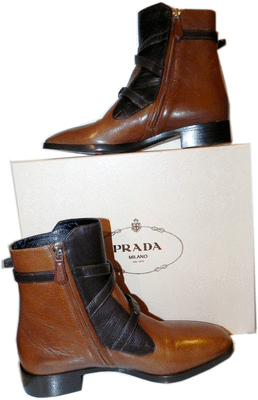 Prada Boots Brown Two Tone Buckles Flat Ankle Moto Riding Bootie
