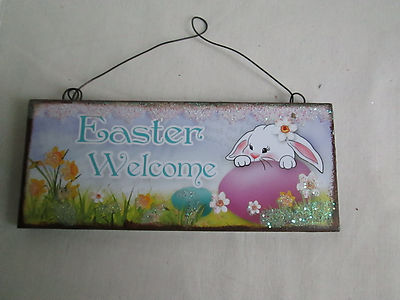 Wooden Wall-Door Decor Ornament Easter Bunny with ''Easter Welcome'' Message, New 