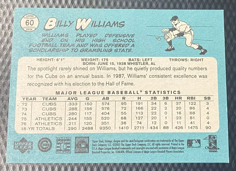 2003 BILLY WILLIAMS Upper Deck Vintage MLB Card #60 Chicago Cubs HOF (NM-MT) - Image 3 of 3