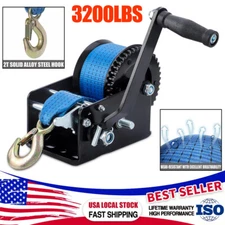 Heavy Duty 3200LBS Hand Winch Hand Crank 2 Gear Polyester Strap ATV Trailer Boat