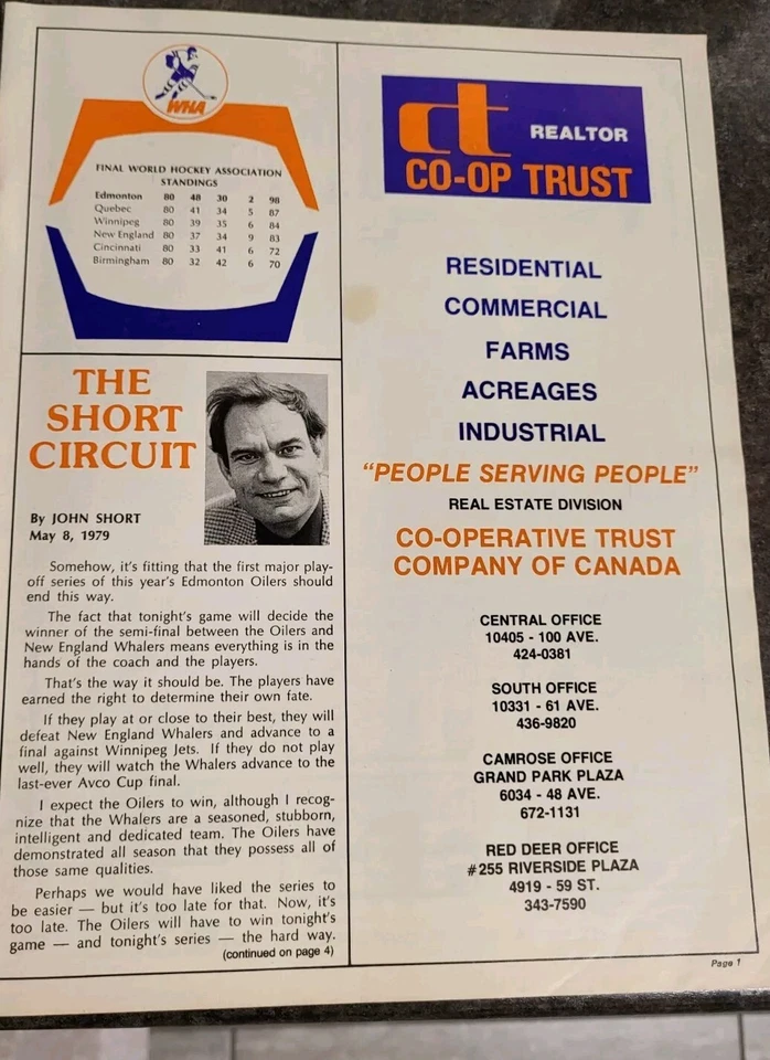 9 de mayo 1979 Edmonton Oilers Vs NE WHA SEMIFINALES GM7 Programa Wayne Gretzky Cubierta Foto 2 de 4