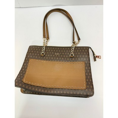 DKNY Brown Logo Monogram Tote Bag Gold Chain Shoulder Bag Tan Accent Pocket