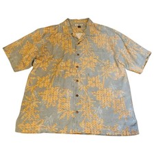 Tommy Bahama Grey, Tan and Orange 100 Silk Hawaiian Palm Tree Print Shirt. XL
