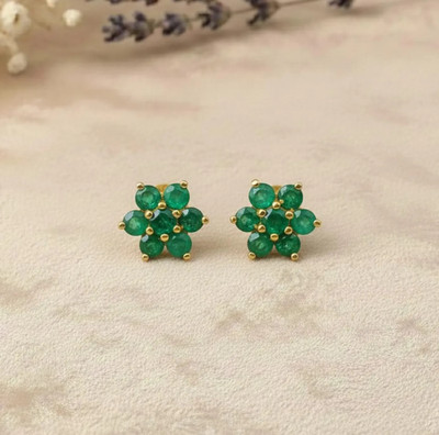 Lab Created Green Emerald Flower Stud Earrings Gold Plated Silver Earrings