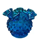 VTG Fenton Hobnail Vase Colonial Blue Ruffled Crimped Edge 3" #3853