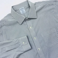 Brooks Brothers Dress Shirt Men's 17 Black White Stripe Regent Button Up Stretch