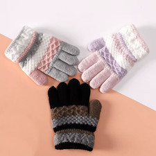Autumn Winter Kids Gloves, Warm Thickened Striped Knitted Full Finger Gloves for