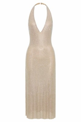 Meshki Genie Diamante Halter Midi Dress - Nude XS